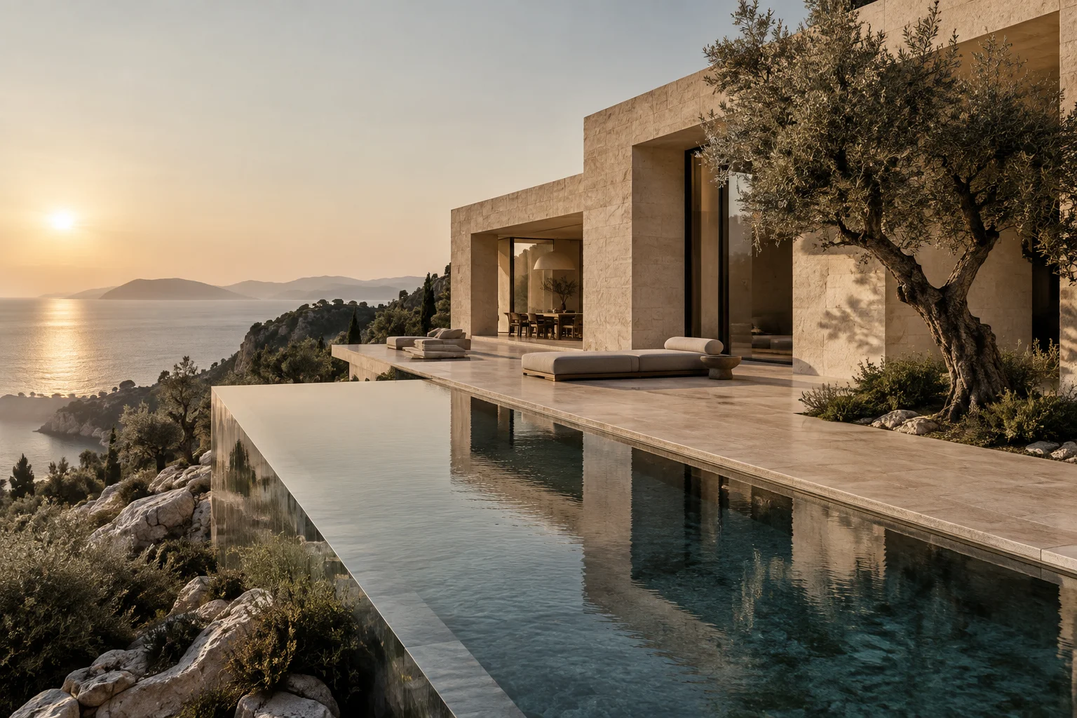 Original concept visualization of a limestone coastal villa and infinity pool