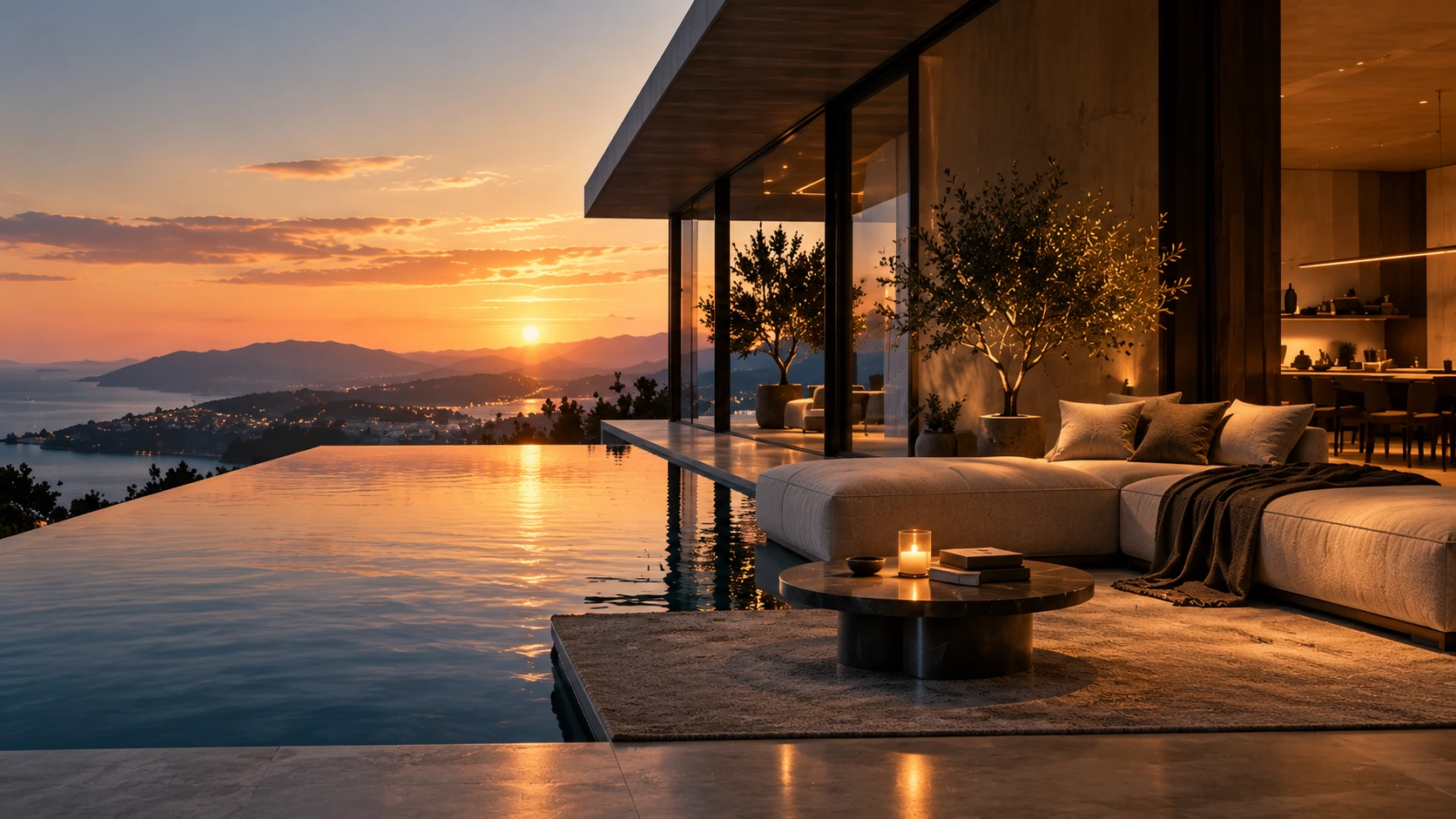 Infinity pool and warm modern villa overlooking the sea and mountains at sunset