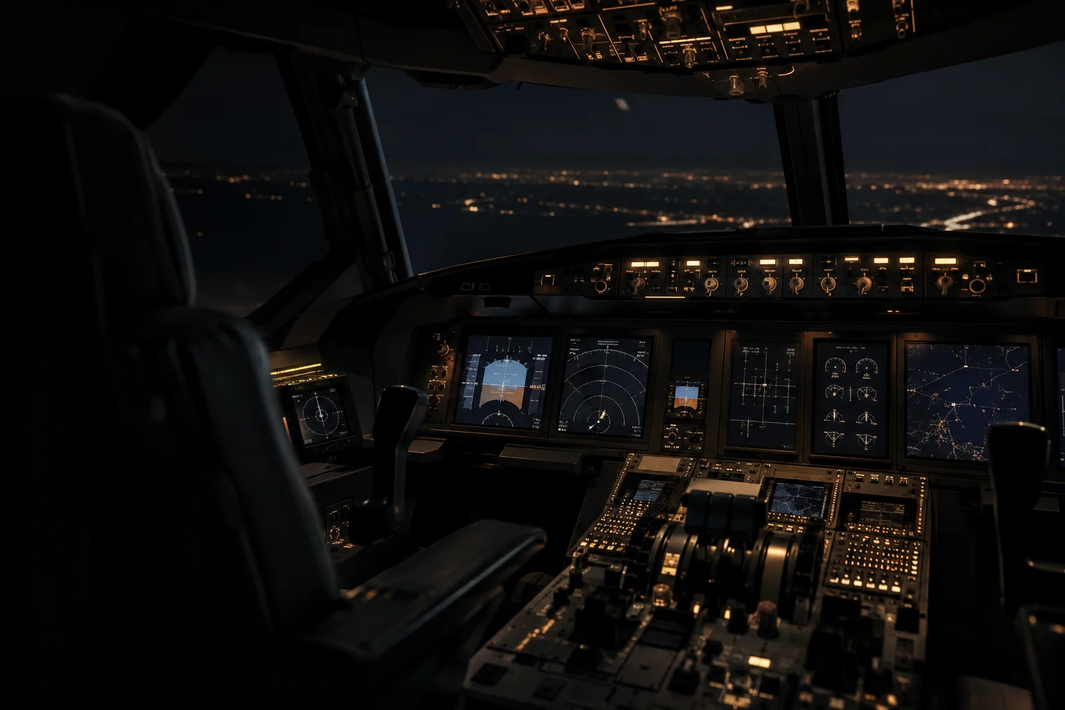Original AVEN cockpit at night with warm illuminated instruments