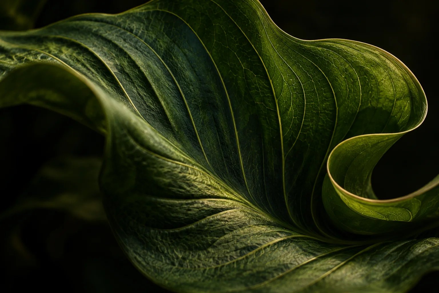 Sculptural forest-green leaf with delicate veins