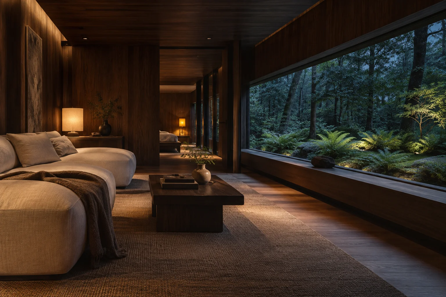 Original Still House interior: warm timber and a cream sofa overlooking woodland